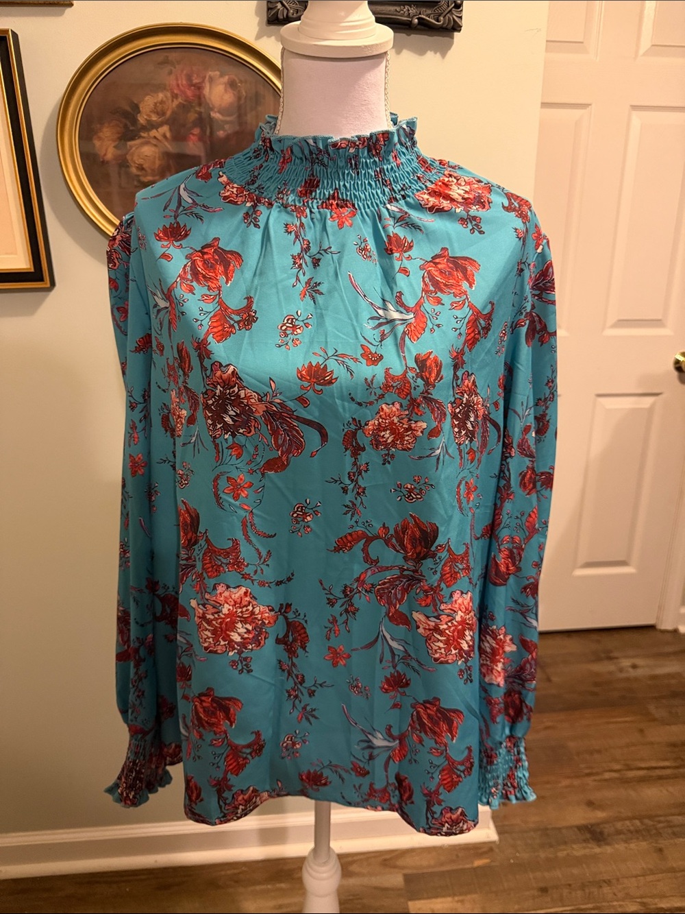 SHEIN Teal Floral Smocked Neck Blouse